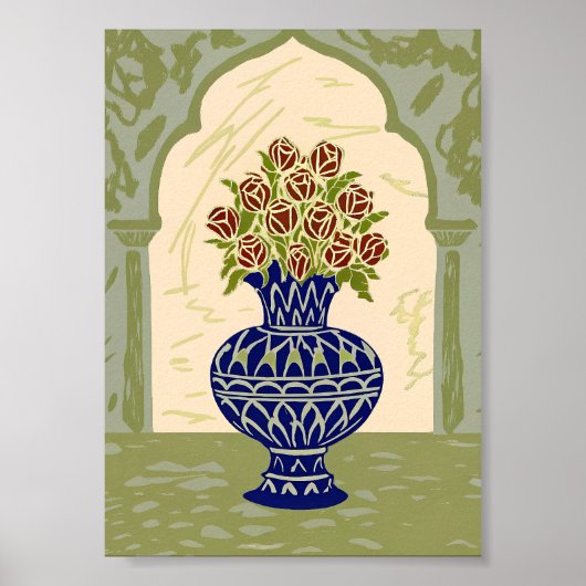 Affiche de vase géométrique marocain bleu avec ros (Devant)