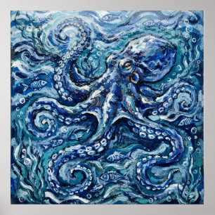 Affiche de vie marine Pieuvre Bleue