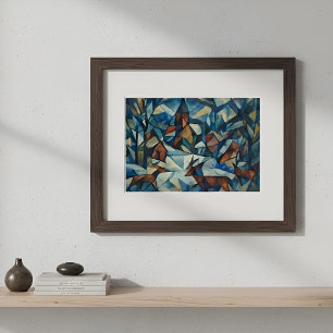 Affiche de village d'hiver cubiste expressionniste