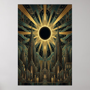 Affiche de ville au soleil noir Art déco Doré sa