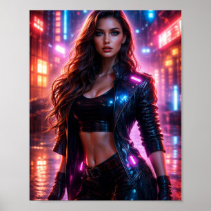 Affiche de ville de femme néon cyberpunk