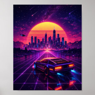 Affiche de voiture néon rétro futuriste de ville