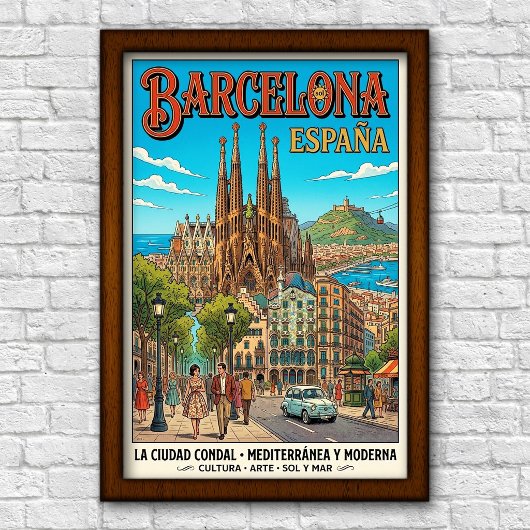 Affiche de voyage à Barcelone, Espagne, années 196
