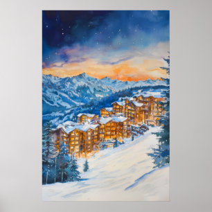 Affiche de voyage à l'aquarelle vintage Avoriaz Sk