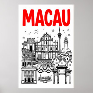 Affiche de voyage à Macao, Skyline rouge gras, Mon