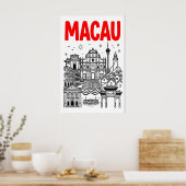 Affiche de voyage à Macao, Skyline rouge gras, Mon (Cuisine)