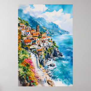 Affiche de voyage aquarelle vintage Côte d'Amalfi