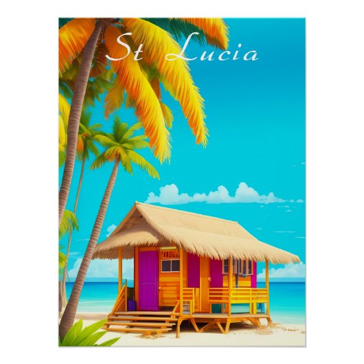 Affiche de voyage de cabane de plage St Lucia (Devant)
