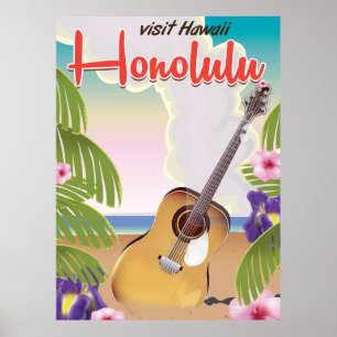 Affiche de voyage de guitare acoustique Honolulu.