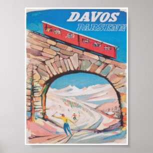 Affiche de voyage de ski Vintage Davos Suisse
