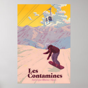 Affiche de voyage de snowboard aux Contamines Mont