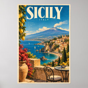Affiche de voyage de volcan côtier de Sicile Itali