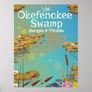 Affiche de voyage dessin animé du marais Okefenoke