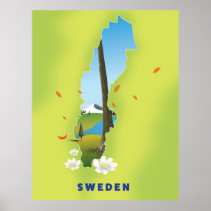 Affiche de voyage illustrée carte de Suède.