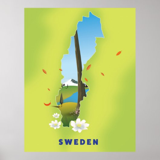 Affiche de voyage illustrée carte de Suède. (Devant)