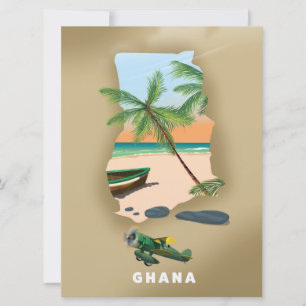 Affiche de voyage illustrée de la carte du Ghana.