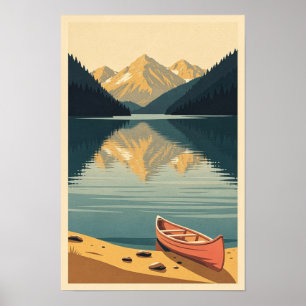 Affiche de voyage rétro du lac alpin et de la cano