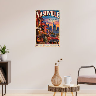Affiche de voyage rétro Nashville Tennessee Music 