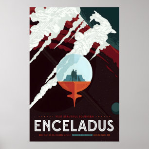 Affiche de voyage rétro sci-fi Enceladus Futuriste