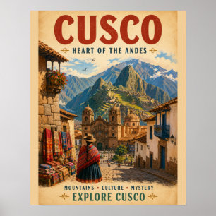 Affiche de voyage vintage Cusco Pérou avec Mont An
