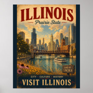 Affiche de voyage vintage de l'Illinois avec paysa