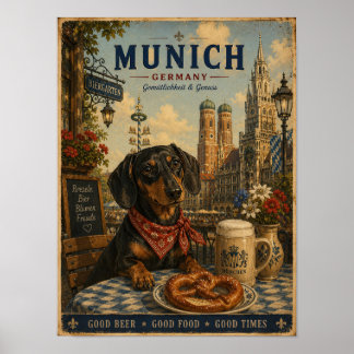 Affiche de voyage vintage de Munich avec un teckel