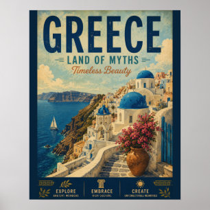Affiche de voyage Vintage Grèce avec ville côtière