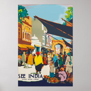 Affiche de voyage vintage Inde Scène de rue à Laho