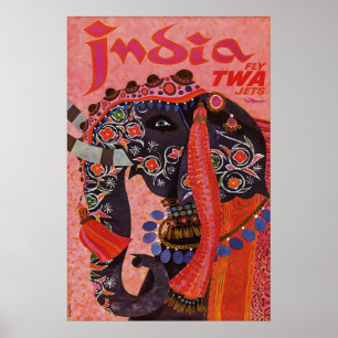 Affiche de voyage vintage Inde, Tourisme éléphant