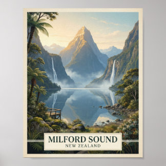 Affiche de voyage vintage Milford Sound Nouvelle-Z