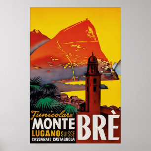 Affiche de voyage vintage Monte Brè Lugano Suisse