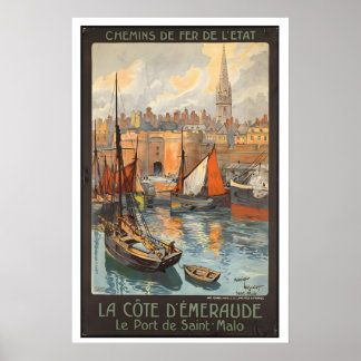 Affiche de voyage vintage Saint-Malo Bretagne Fran