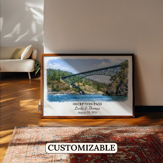 Affiche Deception Pass Washington, Aquarelle, Cust