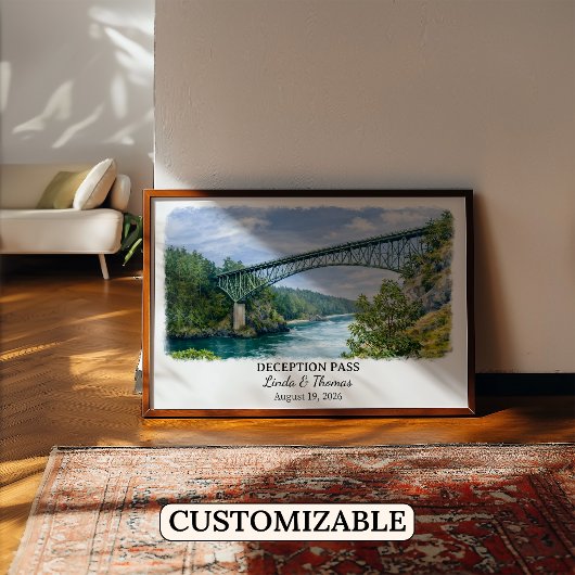 Affiche Deception Pass Washington, Aquarelle, Cust