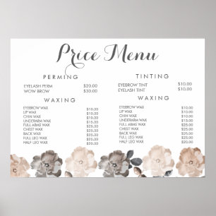 Affiche des prix du menu de la coiffeuse du salon