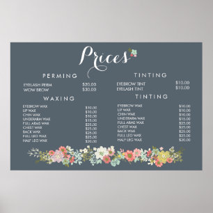Affiche des prix du menu de la coiffeuse du salon