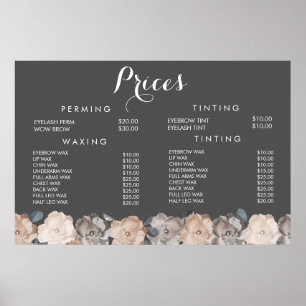Affiche des prix du menu de la coiffeuse du salon