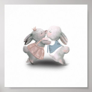 Affiche Deux Lapins Rose Et Bleu Mignons Et Doux