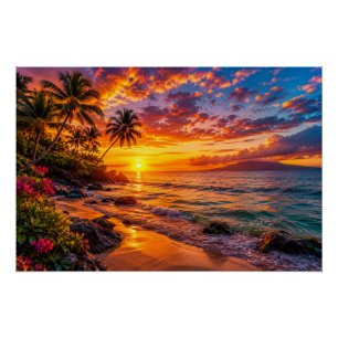 Affiche d'évasion au coucher de soleil océanique