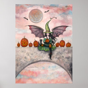 Affiche d'Halloween Sorcière Chat Citrouilles Illu
