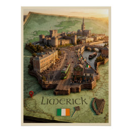 Affiche d'illustration de carte 3D de Limerick Irl