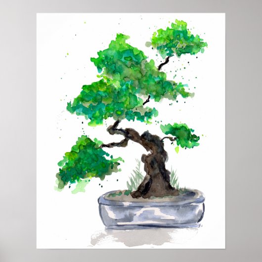 Affiche d'impression à l'aquarelle Bonsaï vert (Devant)