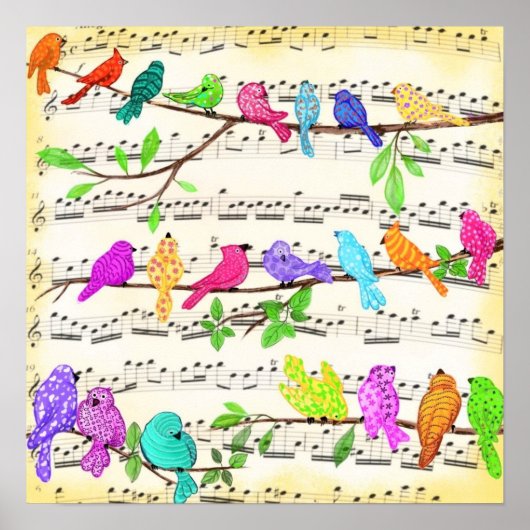 Affiche d'oiseaux musicaux colorés Chanson heureus (Devant)