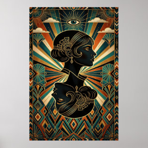 Affiche dorée et sarcelle de danseuse à plumes de