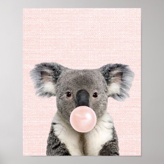 AFFICHE D'OURS KOALA SOFFLANT UN BUBBLE GUM ROSE (Devant)
