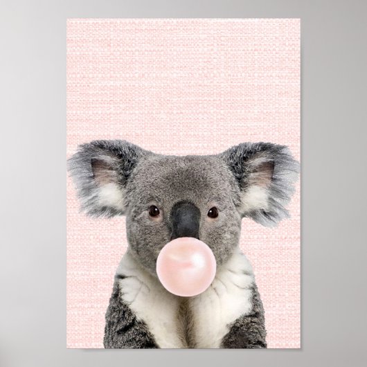 AFFICHE D'OURS KOALA SOUFFLANT UN BUBBLE GUM ROSE (Devant)