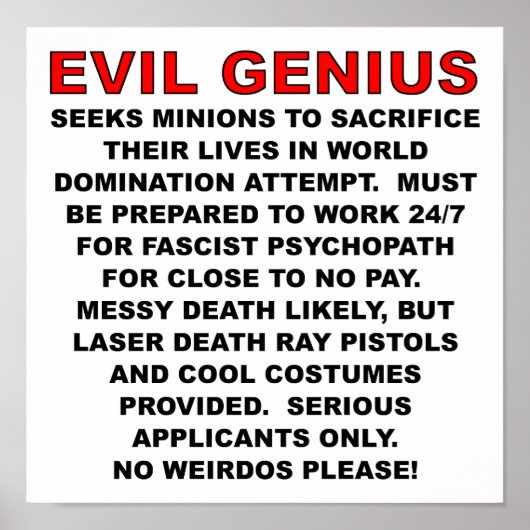 Affiche drôle d'annonce pour un méchant (Devant)