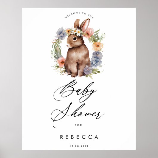 affiche du baby shower de lapin fleur sauvage (Devant)