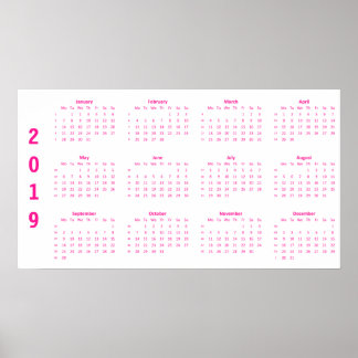 Affiche du calendrier minimaliste rose vif 2019