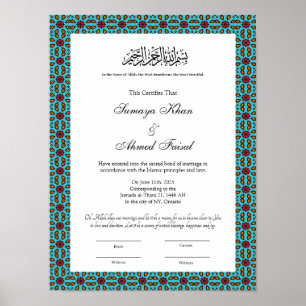 affiche du certificat de nikkah musulman turkouz